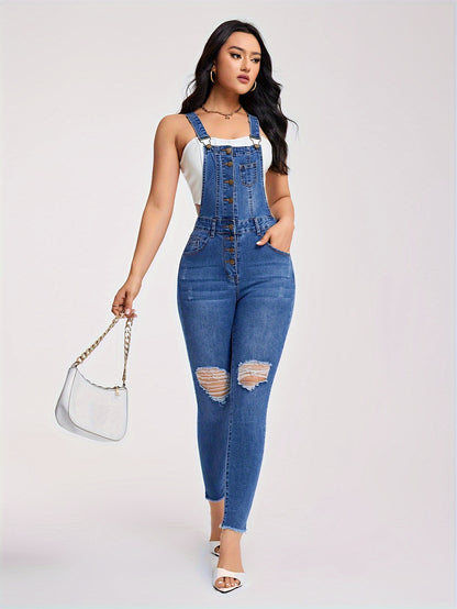 Chic Ripped Denim Overalls for Women - Adjustable Buckle-Strap, Comfort Stretch, Easy-Care | Casual Solid Color Jumpsuit for Spring to Fall