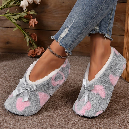 Cozy Heart Print Bowknot Slippers - Soft, Warm, and Plush Lined for Winter Bedroom Comfort - Flat Sole, Home Shoes for Relaxation and Leisure