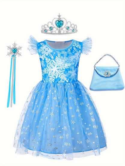 Snowflake Princess Tutu Dress Set - Sparkling Mesh, Glittery, Dreamy, and Flowy Design for Girls - Perfect for Halloween, Carnival, Party, Performance, and Dress-Up, Gift for Little Princesses