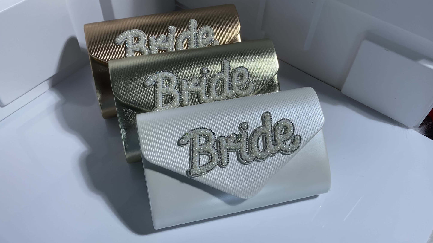 Bridal Clutch Bag With Faux Pearl Lettering, Elegant Pearl White PU Evening Purse, Fashionable Square Crossbody With Chain Strap