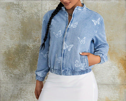 Women's Casual Style Denim Jacket with Zipper Closure, Light Blue with White Butterfly Print, Fashionable Jean Top for Everyday Wear