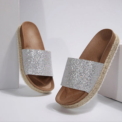 Women's Glitter Sandals Open Toe Glitter Insole Comfortable Suede Slippers Women's Midsole Flat Slippers