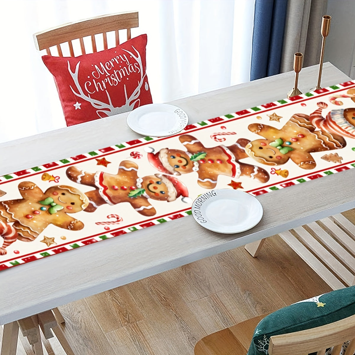 Vibrant 1-Piece Christmas Polyester Table Runner - Festive Gingerbread Man Pattern, Universal Fit, Machine Made, Easy Care, Seasonal Holiday Decor, Indoor and Outdoor Use, Perfect for Home Party, Dining Table Decoration, Xmas Celebration Accessory