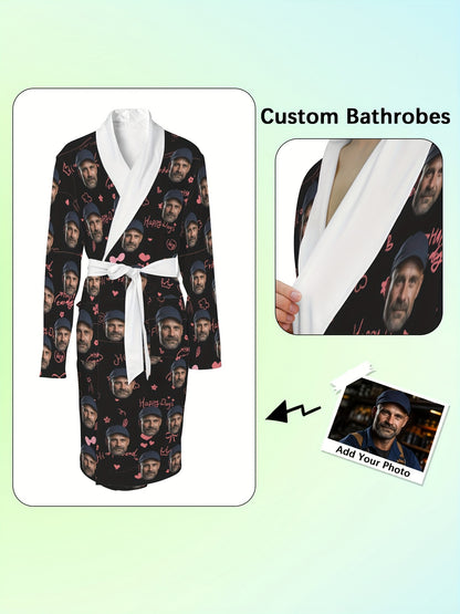 Custom Cute Heart Print Long Sleeve Bathrobe, Men's Mid-Length Sleepwear With Belt, Casual Shawl Collar Home Wear, All-Season