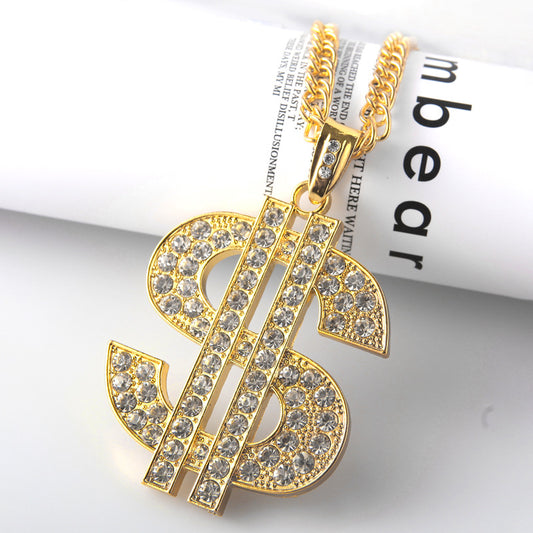 18K Gold Plated Big Gold Hip Hop Dollar Necklace Ornament Diamond Rhinestone Necklace