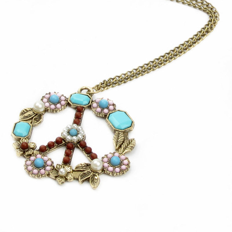 HOTan and NEWn Style Vintage Inlaid Gem Turquoise Pearl Flower Peace Logo Necklace