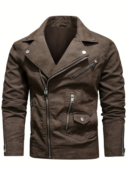 Mens Long Sleeve Lapel Thermal PU Leather Jacket with Zipper Pocket - Water-Resistant, Windproof, and Warm for Fall and Winter Outdoor Activities - Perfect for Casual Weekend Getaways and Going Out