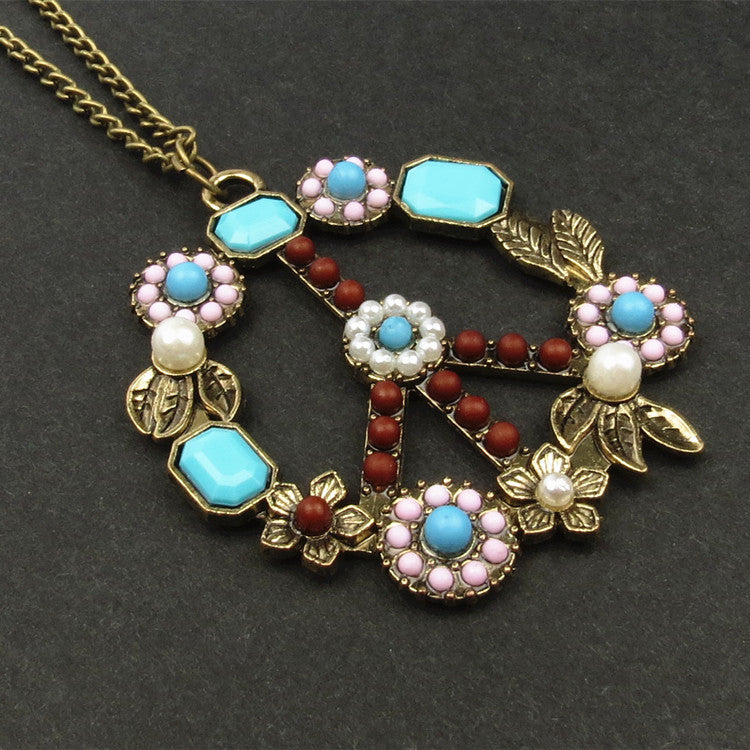 HOTan and NEWn Style Vintage Inlaid Gem Turquoise Pearl Flower Peace Logo Necklace