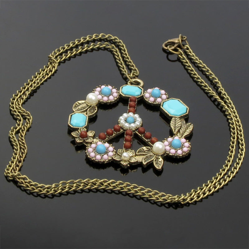 HOTan and NEWn Style Vintage Inlaid Gem Turquoise Pearl Flower Peace Logo Necklace