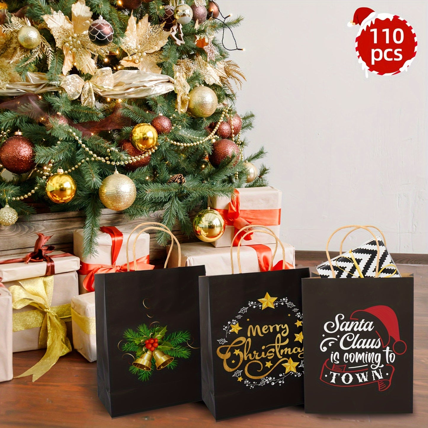 110pcs Black/Brown Gift Bags Paper Gift Bags With Handles, Christmas Gift Bags, Medium Sizes Gift Bags Bulk, Paper Bags For Small Business, Shopping Bags, Retail Bags, Party Bags, Favor Bags, 8x4x10 In