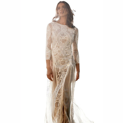 VAKKV  Spring  New European and American Women's Clothing Dress round Neck Long Sleeve Hollow Backless Lace Ladies Banquet Wedding Dress