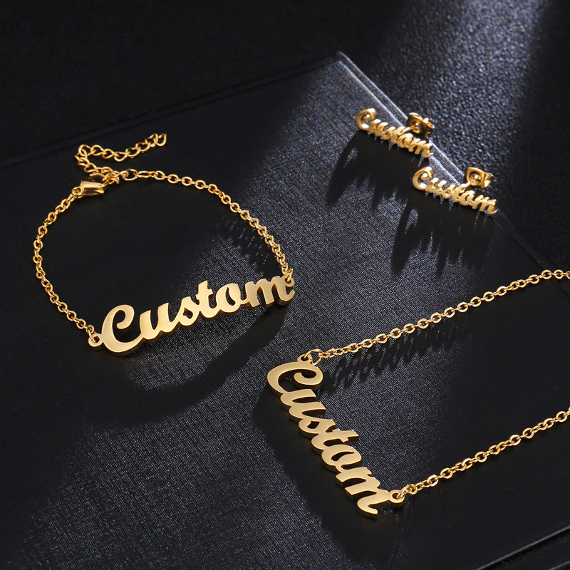 [Private Customization] Stainless Steel Name Necklace Electroplated Real Gold English Letter Bracelet Ear Studs Cross-Border Hot Sale