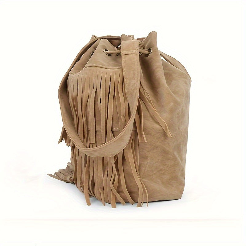 Vintage-Inspired Tassel Bucket Bag - Shoulder Bag with Drawstring Closure, Crossbody Strap, Simple Design for Travel, Daily Use, and Casual Outings - Stylish, Spacious, and Versatile Accessory