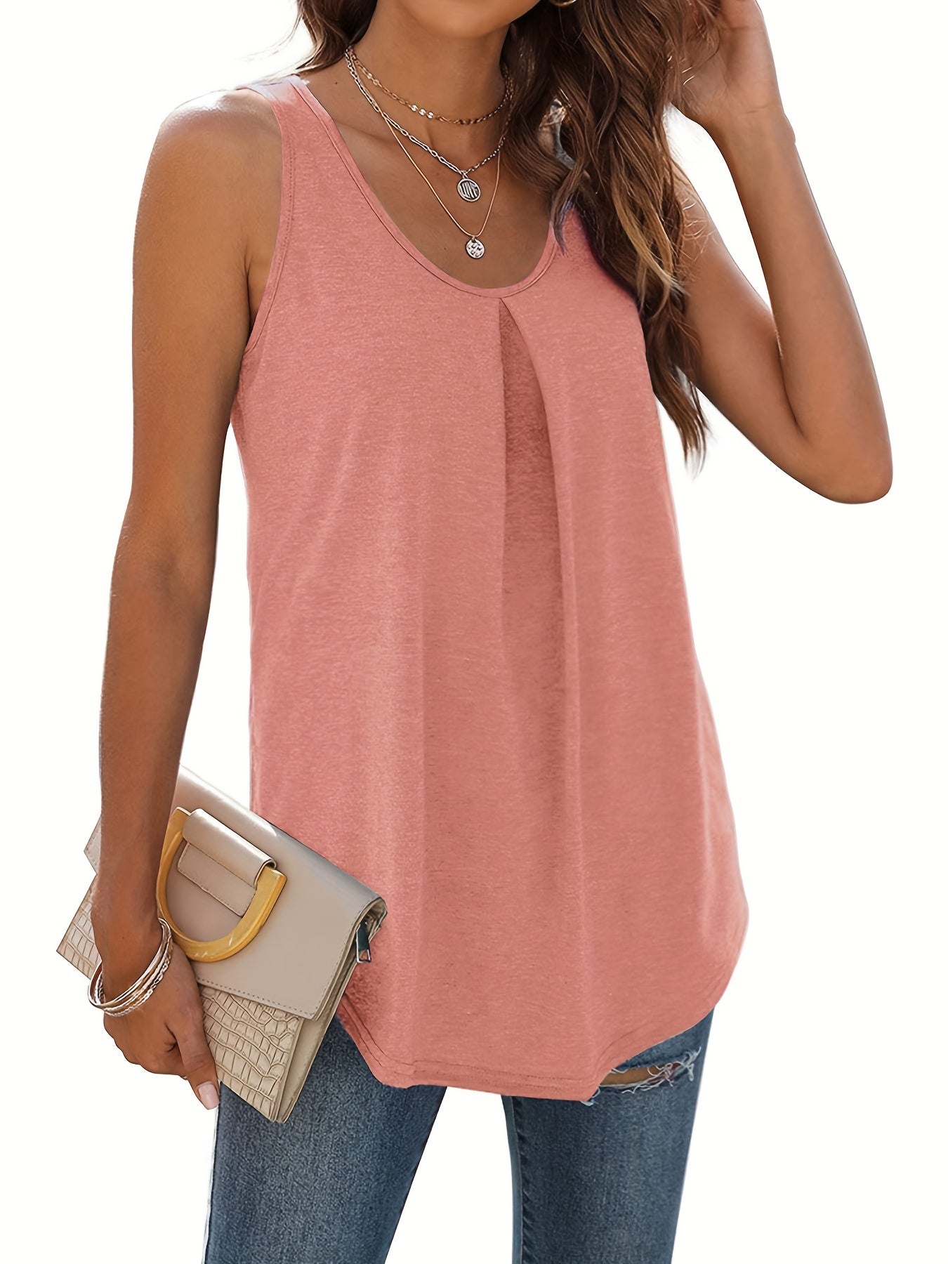 Vibrant Solid Crew Neck Tank Top - Ruched Bust, Micro Elasticity, Semi-Sheer, Machine Washable - Perfect Summer Casual Sleeveless Vest for Women