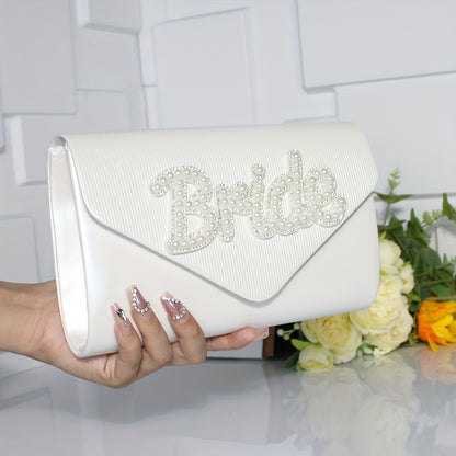 Bridal Clutch Bag With Faux Pearl Lettering, Elegant Pearl White PU Evening Purse, Fashionable Square Crossbody With Chain Strap