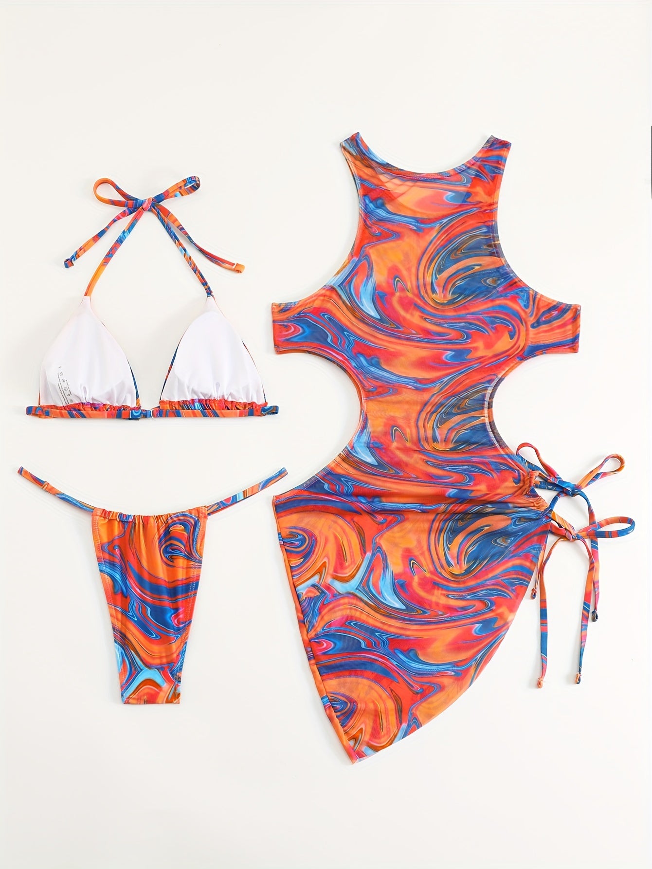 3-Piece Tropical Print Swimsuit Set - High-Stretch, Lace-Up Bikini Top with Tie, High-Waisted Cutout Bottom, Sun Protective Cover-Up Dress, Machine Washable, Polyester Fabric, Knit Construction