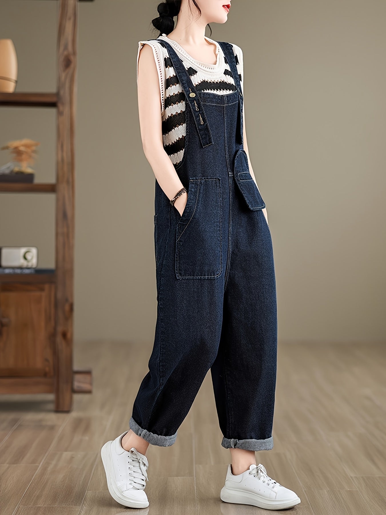 Women's Loose Fit Denim Overalls, Casual Style, Versatile Jean Jumpsuit With Pockets