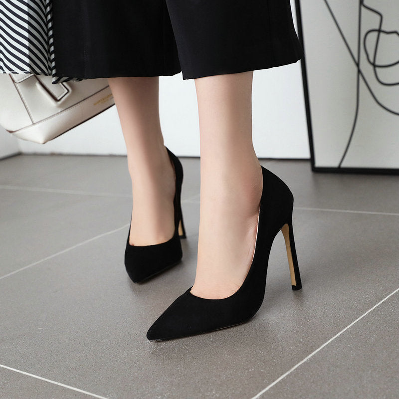 New Foreign Trade Spring and Autumn Suede All-Matching Women's Shoes Pointed Stiletto Heel High Heels Work Large Size Shoes