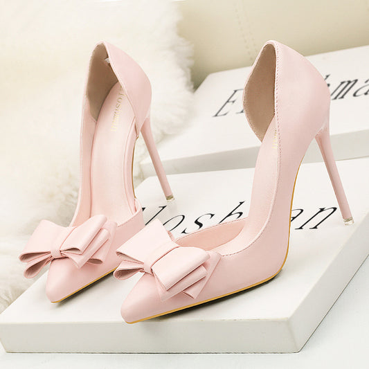 3168-2 Korean Style Fashionable Sweet Bowknot High Heels Stiletto Heel Shallow Mouth Pointed Toe Side Hollow out Pumps