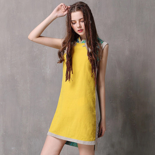 Girl's Yellow Small Daily Modified Cheongsam 2024 Summer Retro Cotton and Linen Loose Vest Dress 6011