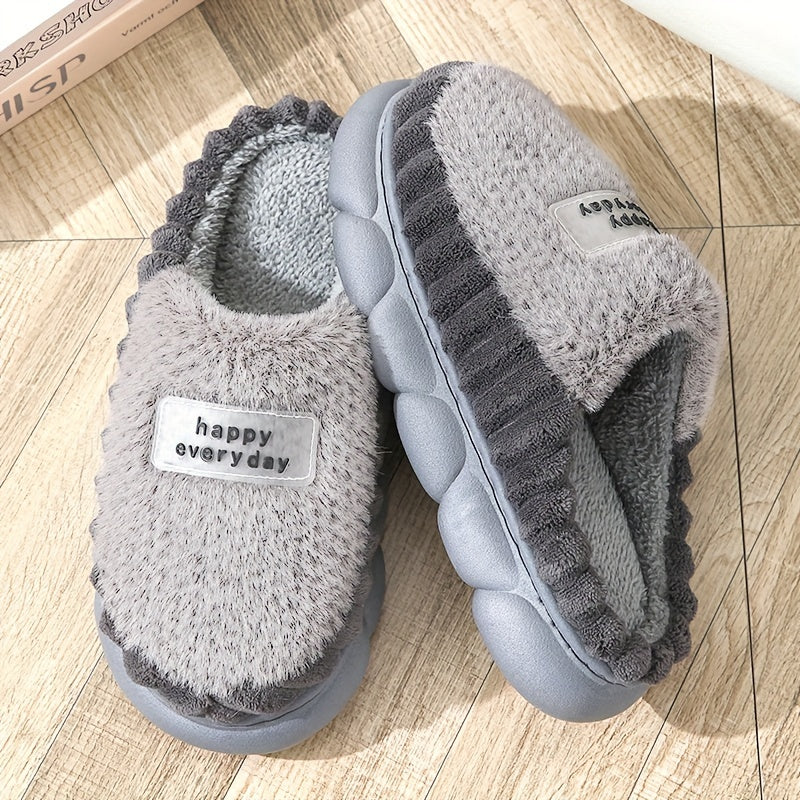 Cozy Women'S Slippers: Soft Fleece, Rubber Sole, And Festive 'Happy Everyday' Label