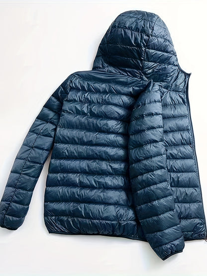 Men's Plus Size Lightweight Down Hooded Quilted Jacket, Portable Storage, Solid Color Warm Jacket With Pocket