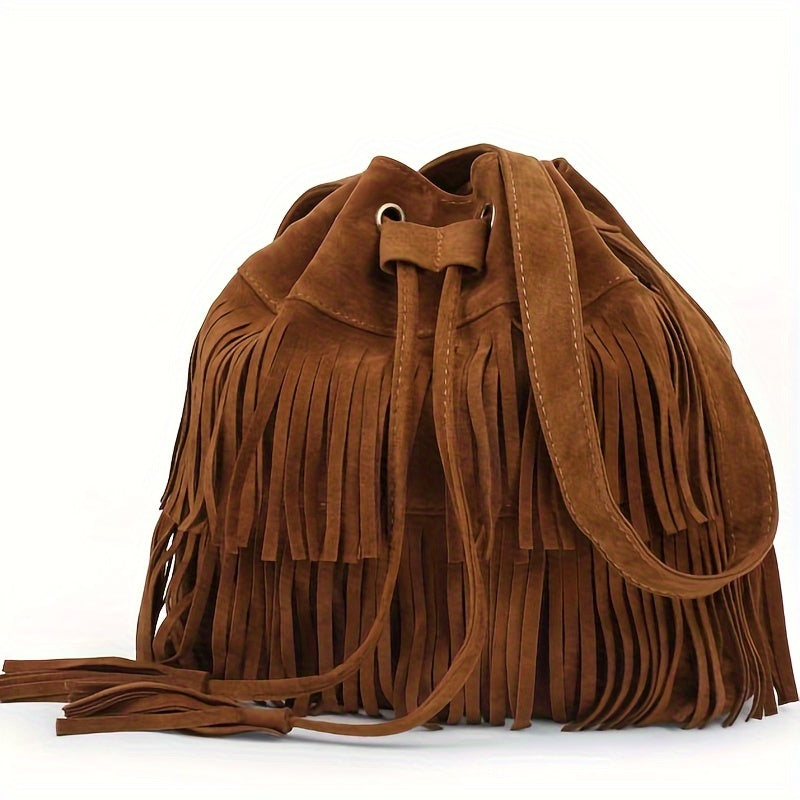 Vintage-Inspired Tassel Bucket Bag - Shoulder Bag with Drawstring Closure, Crossbody Strap, Simple Design for Travel, Daily Use, and Casual Outings - Stylish, Spacious, and Versatile Accessory