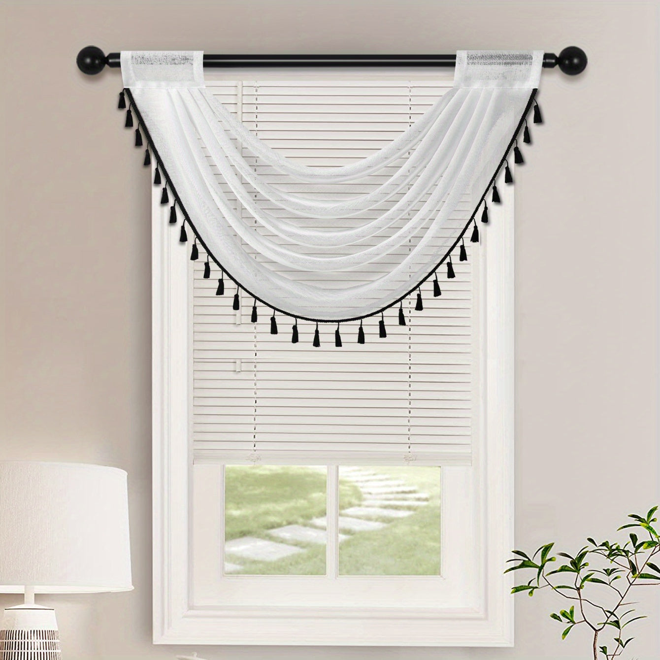 1pc Fashionable Sheer Wave Curtain Valance With Tassels Edge - Light-Transmitting, Rod Pocket, Perfect For Living Room, Bedroom, And Kitchen - 30x24 Inches