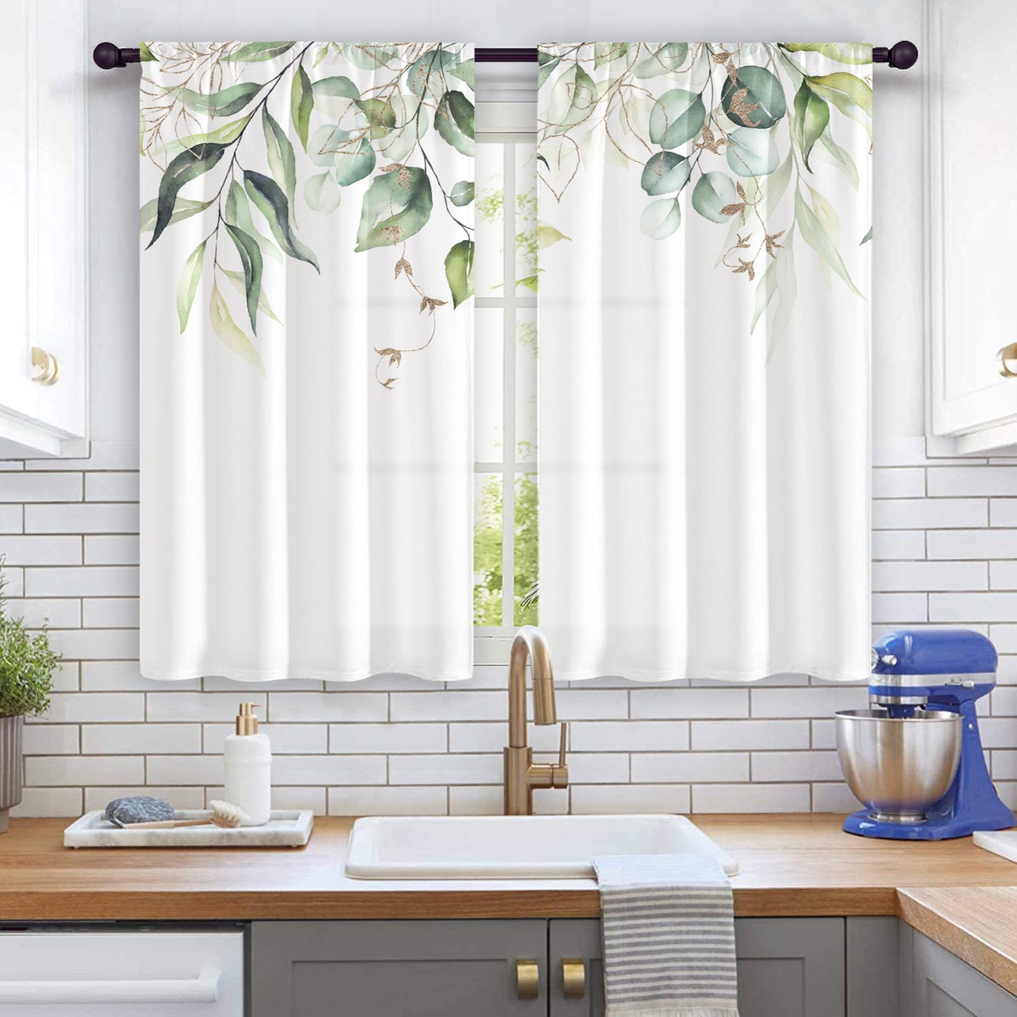 2pcs Nordic Hand Painted Leaves Short Curtain for Living Room and Dining Room - Semi Blackout, Decorative and Functional