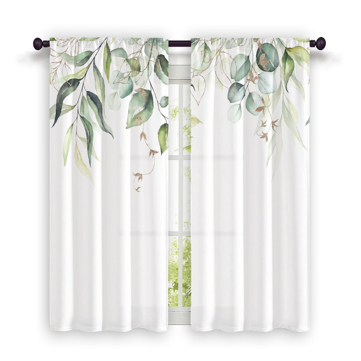 2pcs Nordic Hand Painted Leaves Short Curtain for Living Room and Dining Room - Semi Blackout, Decorative and Functional