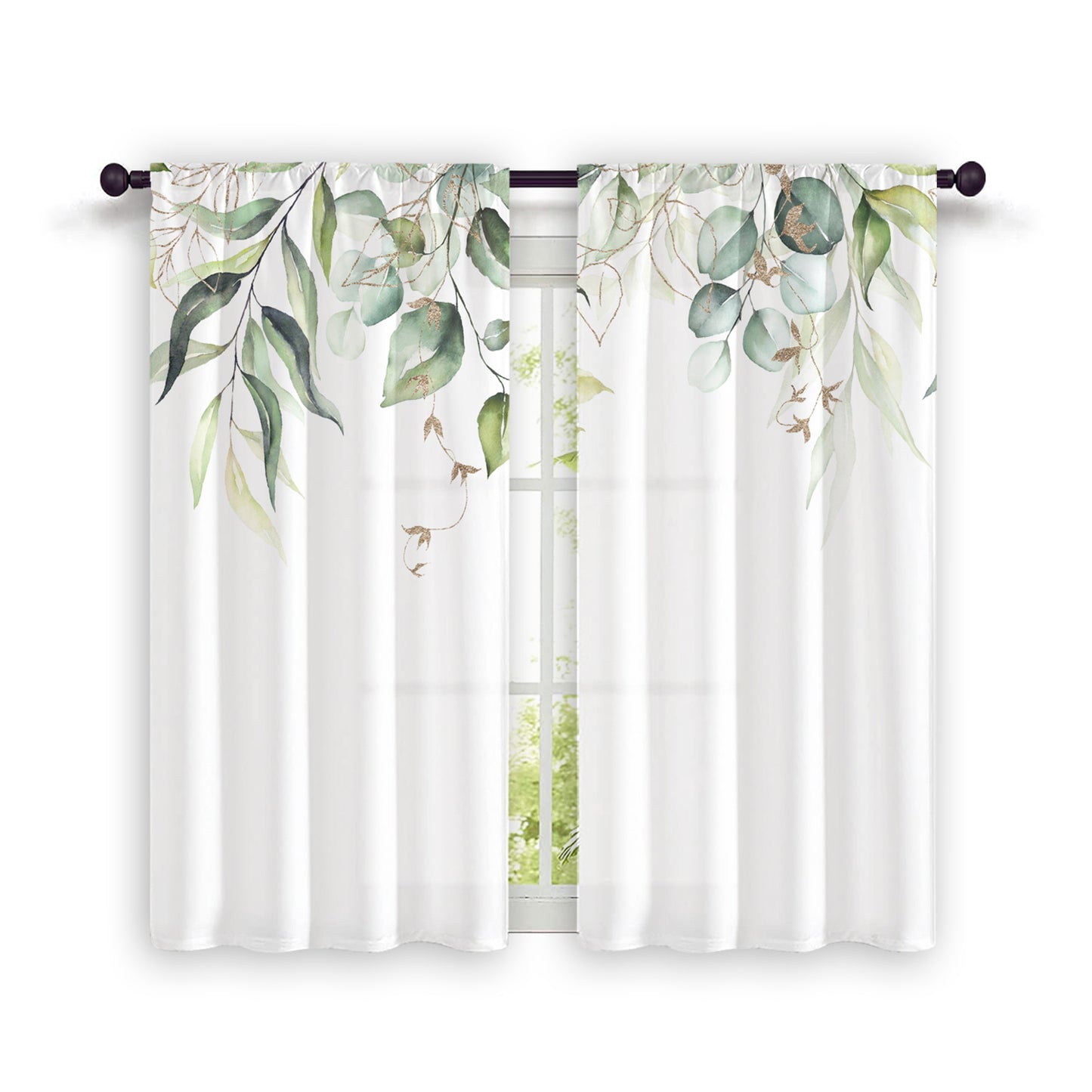 2pcs Nordic Hand Painted Leaves Short Curtain for Living Room and Dining Room - Semi Blackout, Decorative and Functional