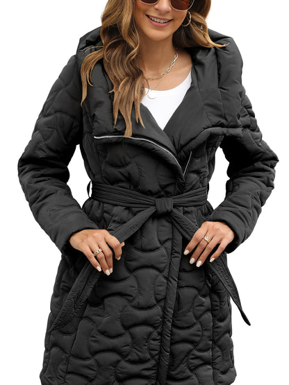 Women's Elegant Long Sleeve Hooded Cotton-padded Jacket Coat - Solid Color Zipper Front Coat with Belt and Pockets for Winter