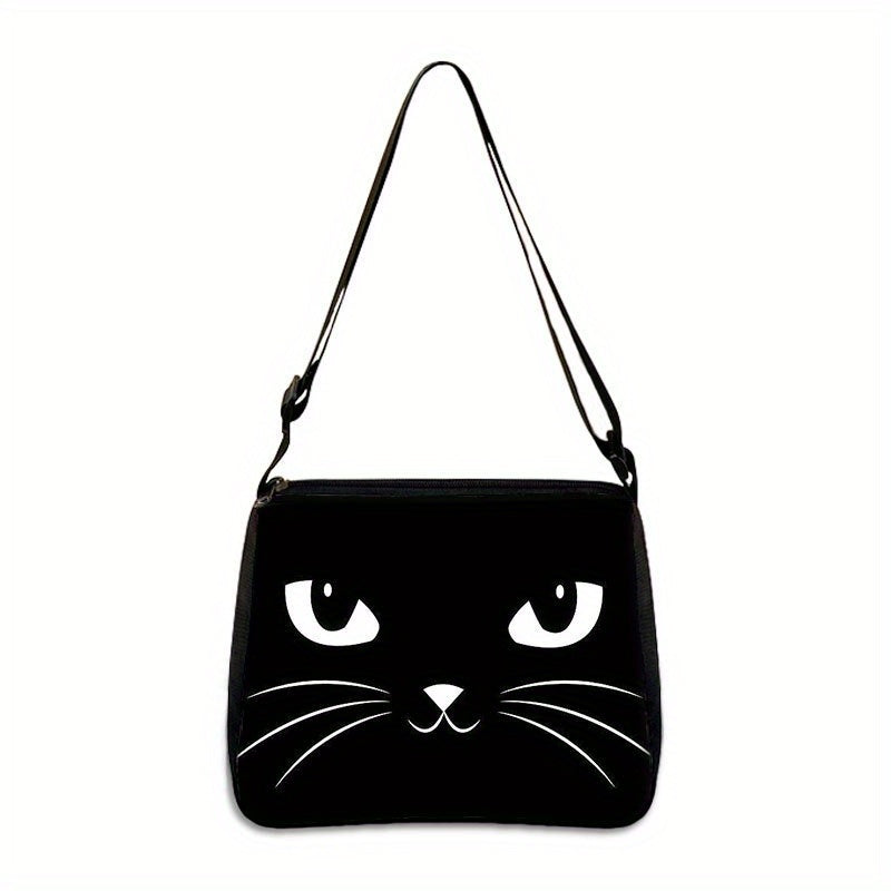 Cartoon Black CatPattern Shoulder Bag, All-Match Zipper Handbag, Trendy Bag Suitable For Christmas Gift