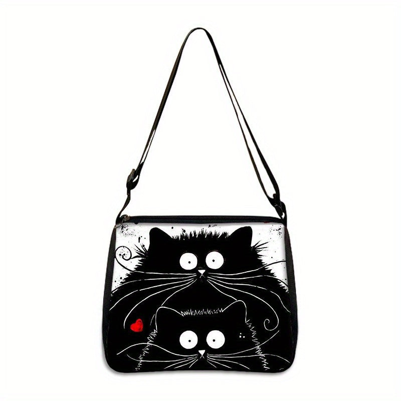 Cartoon Black CatPattern Shoulder Bag, All-Match Zipper Handbag, Trendy Bag Suitable For Christmas Gift