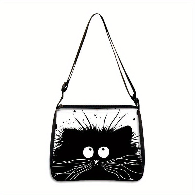 Cartoon Black CatPattern Shoulder Bag, All-Match Zipper Handbag, Trendy Bag Suitable For Christmas Gift