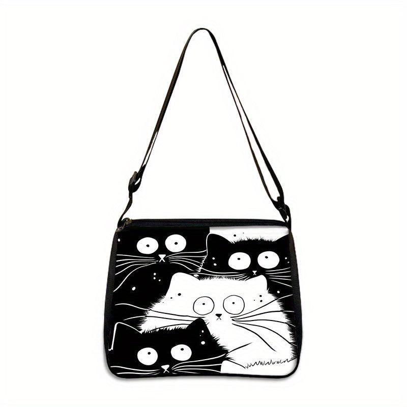 Cartoon Black CatPattern Shoulder Bag, All-Match Zipper Handbag, Trendy Bag Suitable For Christmas Gift