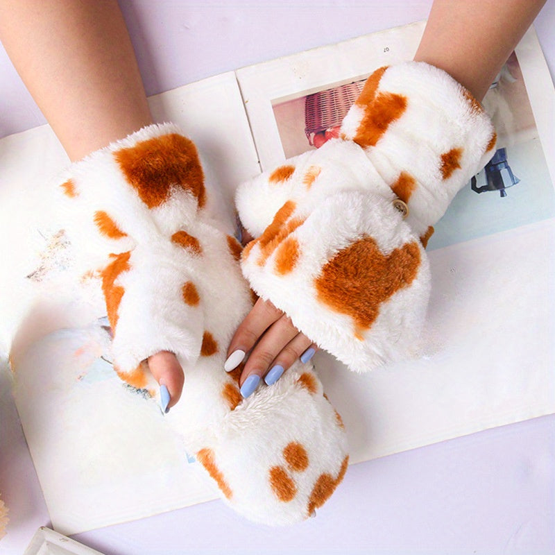 Winter Warmth Leopard Print Half Finger Fluffy Gloves - Soft, Plush, Comfortable, Flip Design for Driving, Writing, Cycling - Ideal for Cold Weather Activities