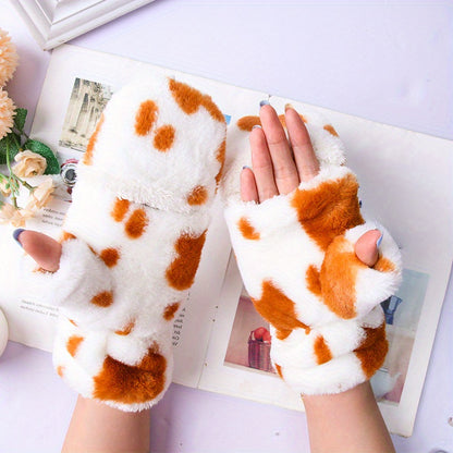 Winter Warmth Leopard Print Half Finger Fluffy Gloves - Soft, Plush, Comfortable, Flip Design for Driving, Writing, Cycling - Ideal for Cold Weather Activities