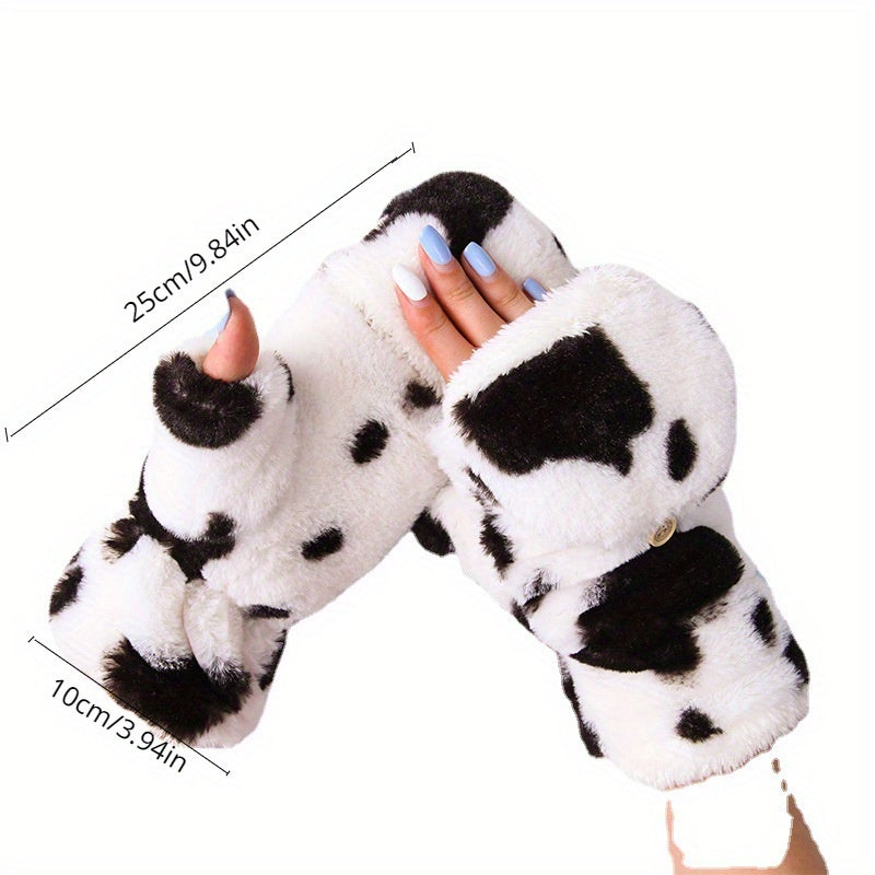 Winter Warmth Leopard Print Half Finger Fluffy Gloves - Soft, Plush, Comfortable, Flip Design for Driving, Writing, Cycling - Ideal for Cold Weather Activities