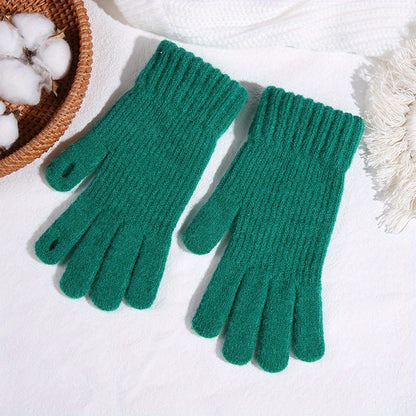 Women's Solid Color Full Finger Knit Gloves, Touch Screen Thick Plush Lined Warm Gloves, Winter Soft Cycling Gloves