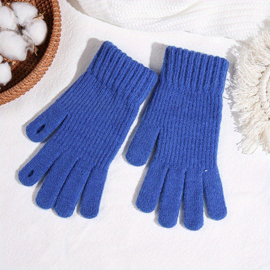 Women's Solid Color Full Finger Knit Gloves, Touch Screen Thick Plush Lined Warm Gloves, Winter Soft Cycling Gloves