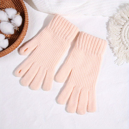 Women's Solid Color Full Finger Knit Gloves, Touch Screen Thick Plush Lined Warm Gloves, Winter Soft Cycling Gloves