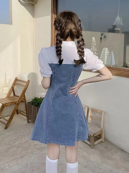 Chic Summer Denim Dress for Women - Slimming Puff Sleeve Design, Elegant Cotton Blend, Non-Stretch, Machine Washable