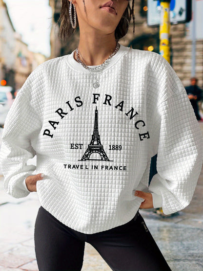 Womens Casual Long Sleeve Crew Neck Waffle Sweatshirt - Soft Micro Elasticity Polyester Fabric, Alphabets Patterned with Paris Letter & Eiffel Tower Print, Customized Knit Fabric, Fall/Winter Season, No Sheer - Perfect for Everyday Wear