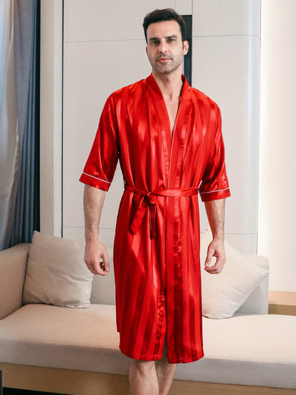 Elegant Men's Bathrobe - Striped Casual V-Neck, Durable & Easy-Care Short Sleeve Comfortable Pajama With Belt For Summer