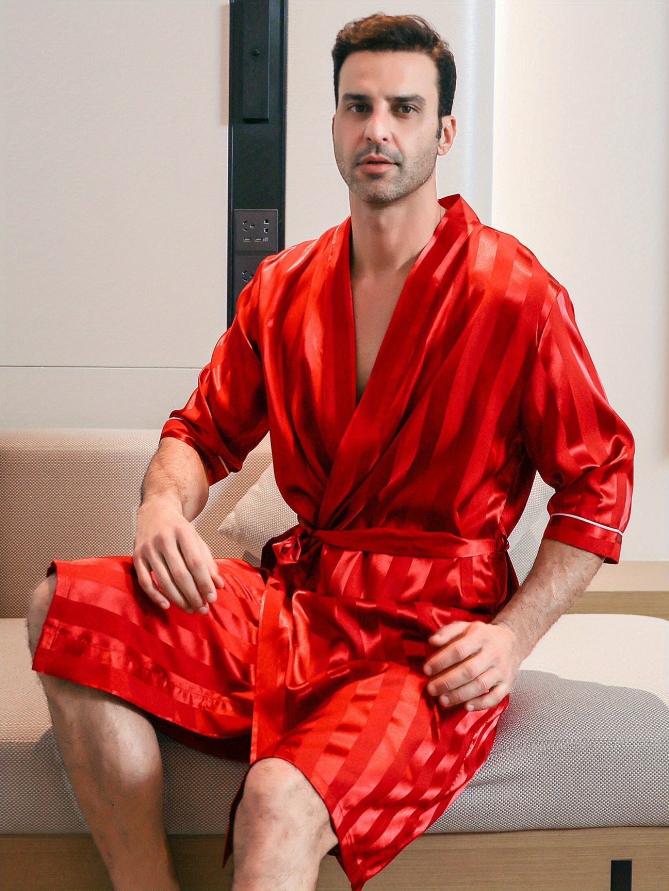 Elegant Men's Bathrobe - Striped Casual V-Neck, Durable & Easy-Care Short Sleeve Comfortable Pajama With Belt For Summer