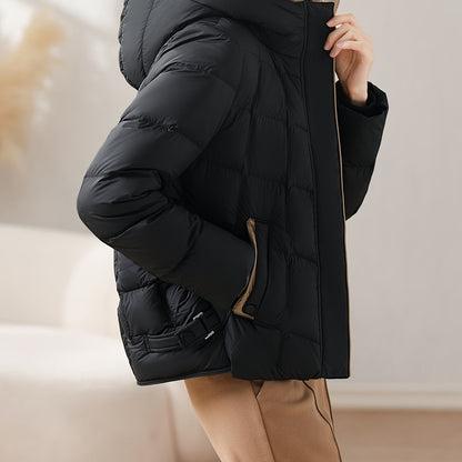 Winter New Arrival: Women's Puffer Jacket with Hood - Duck Down Filling, Polyester Fabric, Regular Fit, Long Sleeves, Zipper Closure, No Belt, Suitable for Fall/Winter Seasons