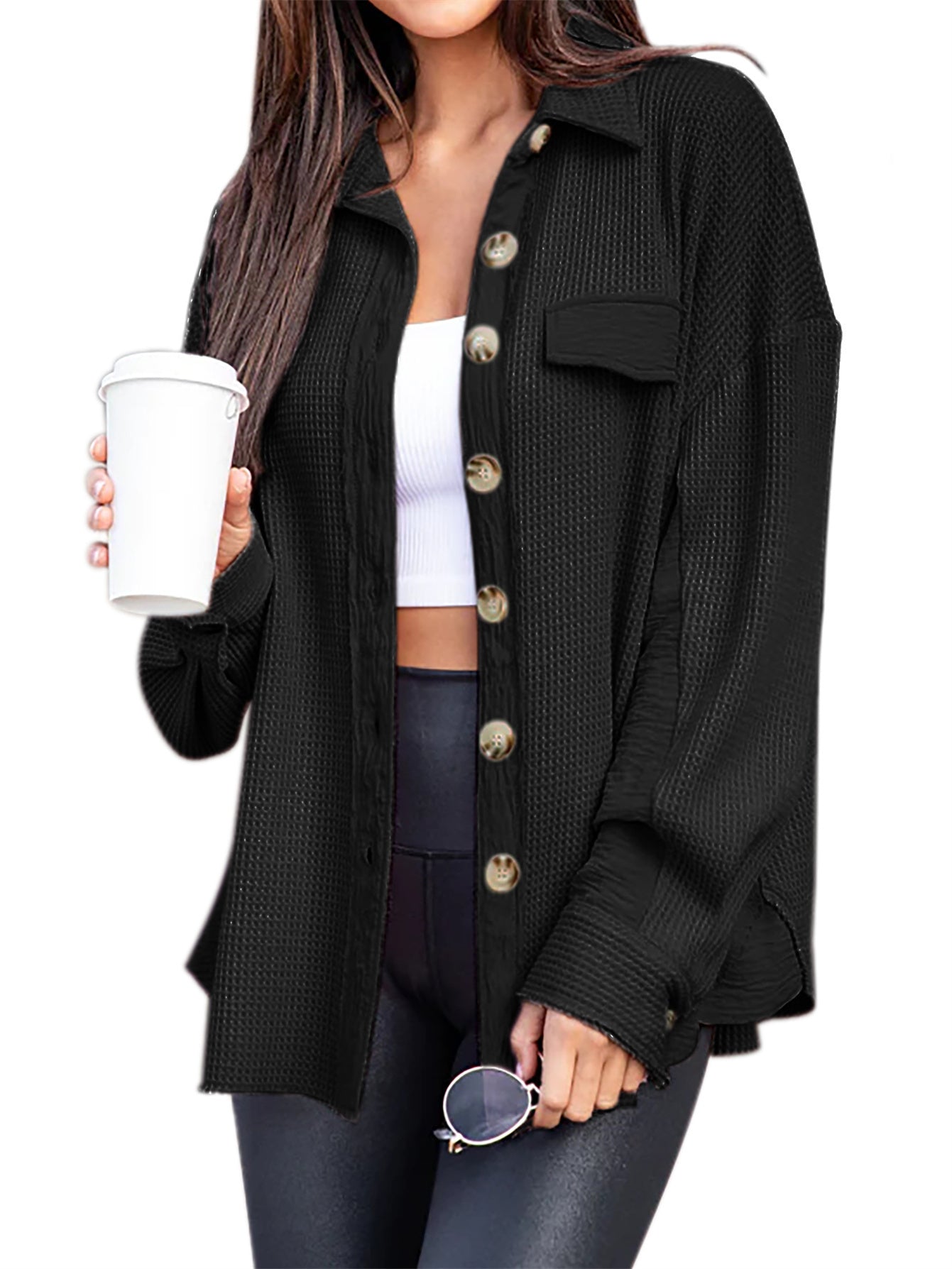 Women's Casual Waffle Knit Cardigan With Oversized Buttons, Cozy Long-Sleeve Outerwear Top, Fashion Top