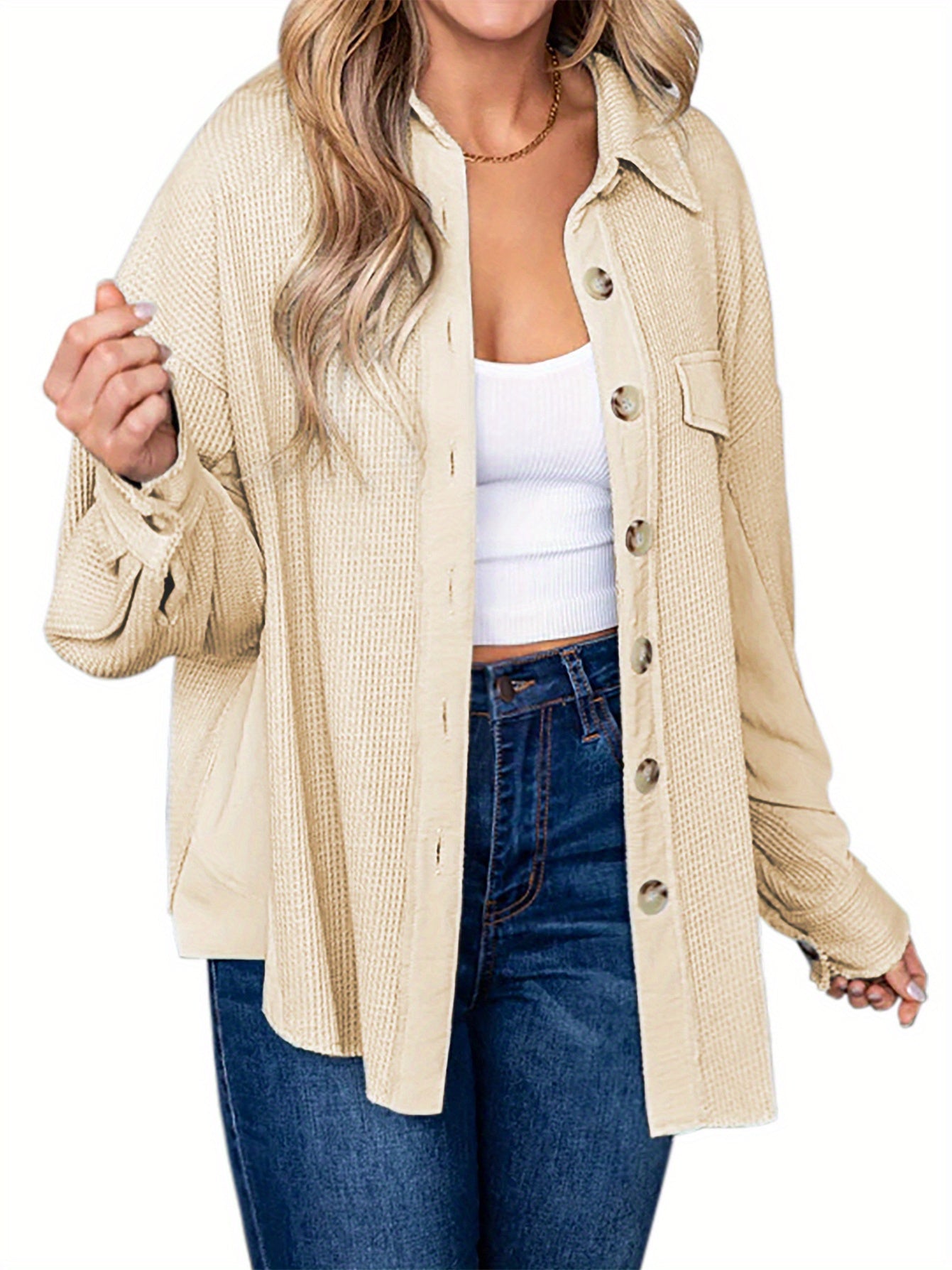 Women's Casual Waffle Knit Cardigan With Oversized Buttons, Cozy Long-Sleeve Outerwear Top, Fashion Top