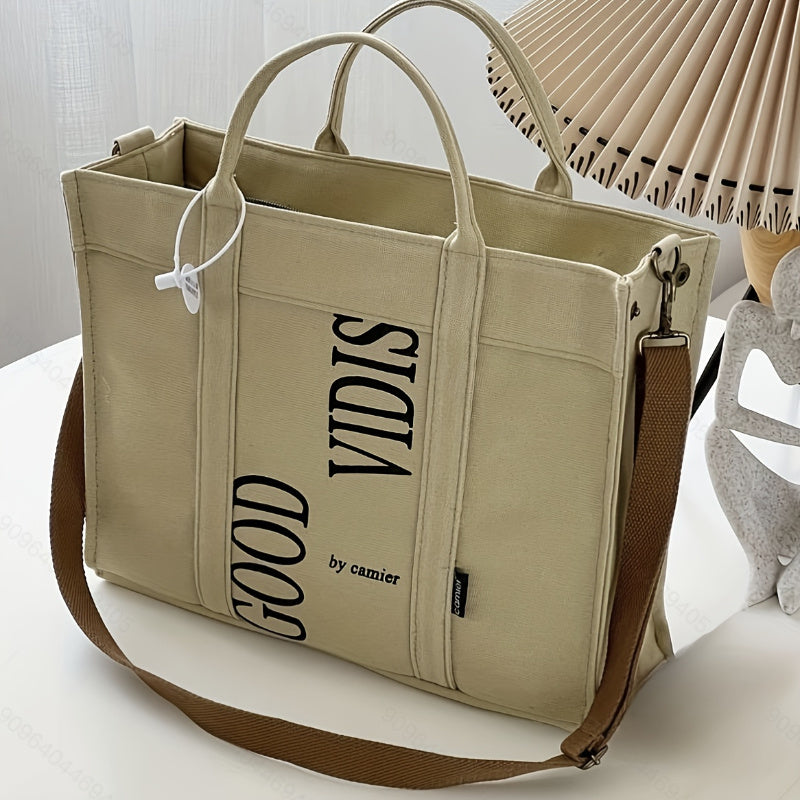 Letter Print Canvas Tote Bag, Large Capacity Shoulder Bag, Literary Solid Color Handbag For School, Travel, Shopping